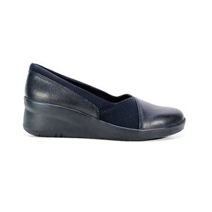 Clarks Suttyn Walk Womens 9 Black Leather Wedge Heel Slip On Shoes